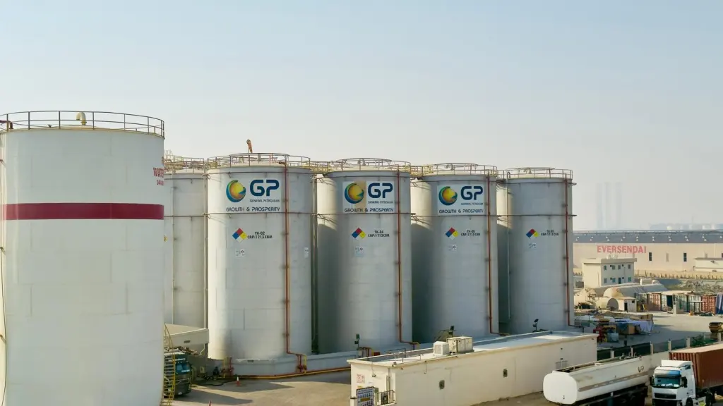 Tank farm with GP logos at the GP bulk oil storage terminal
